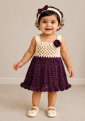 Purple & White Frock Set with Handband and Crochet Shoe Set