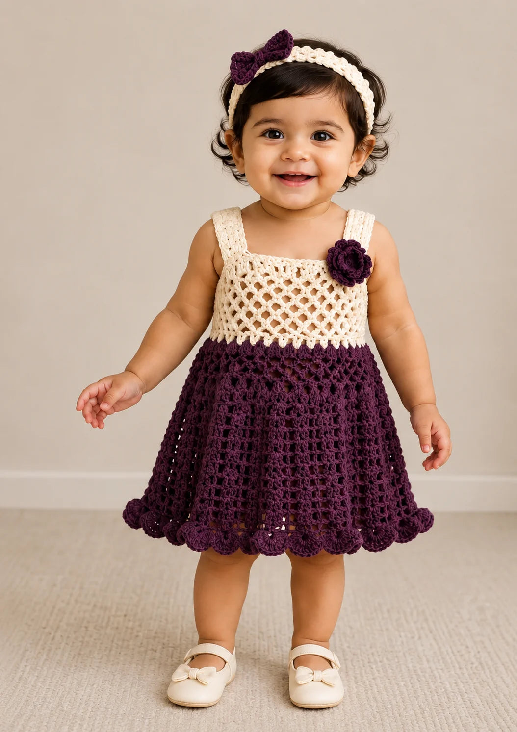 Purple & White Frock Set with Handband and Crochet Shoe Set