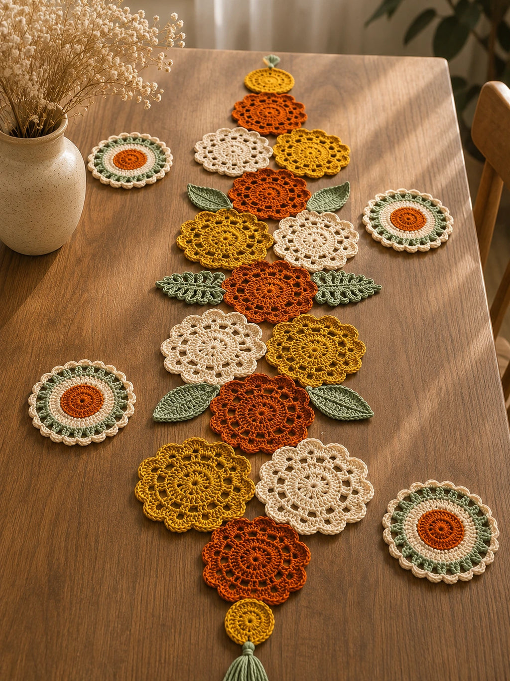 Multi-color Floral Table Runner with 6 Placemats