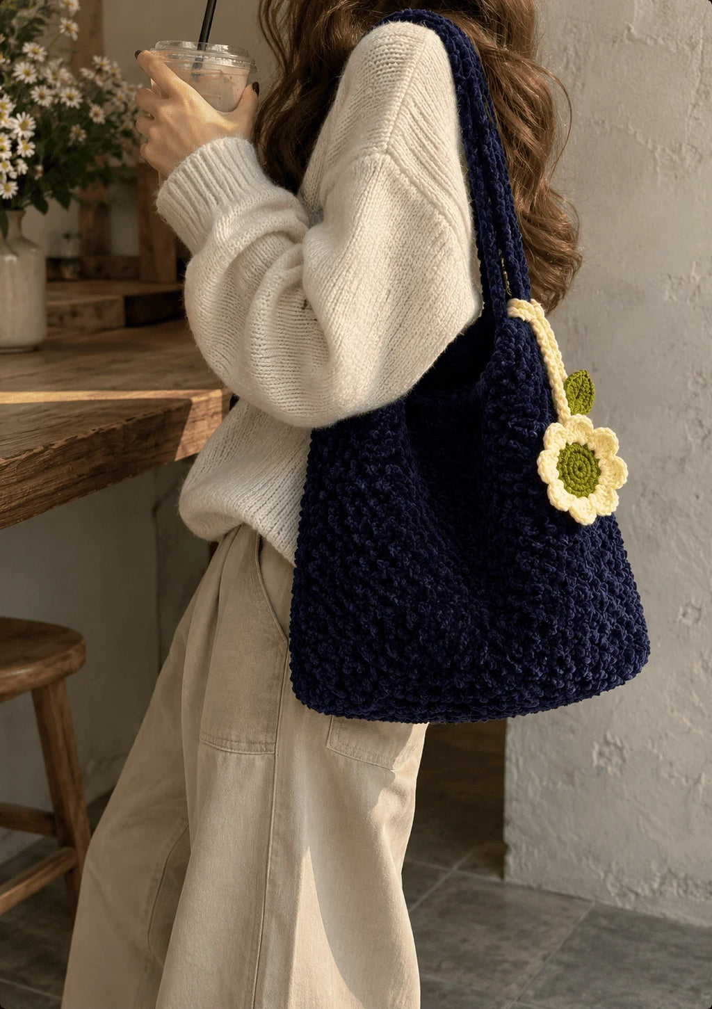 Navy Plush Crochet Bag