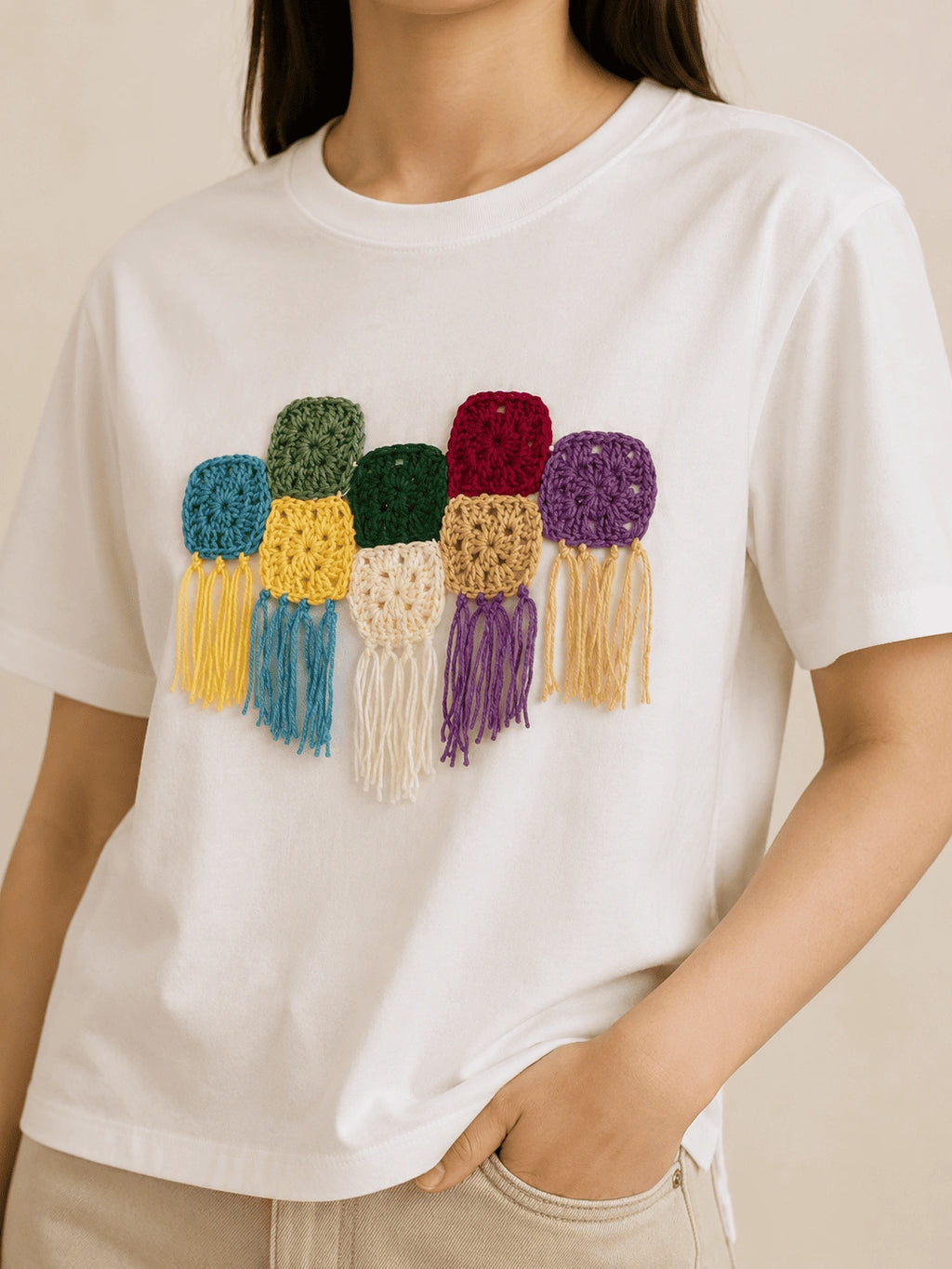 Tassel Grid Crochet T-shirt