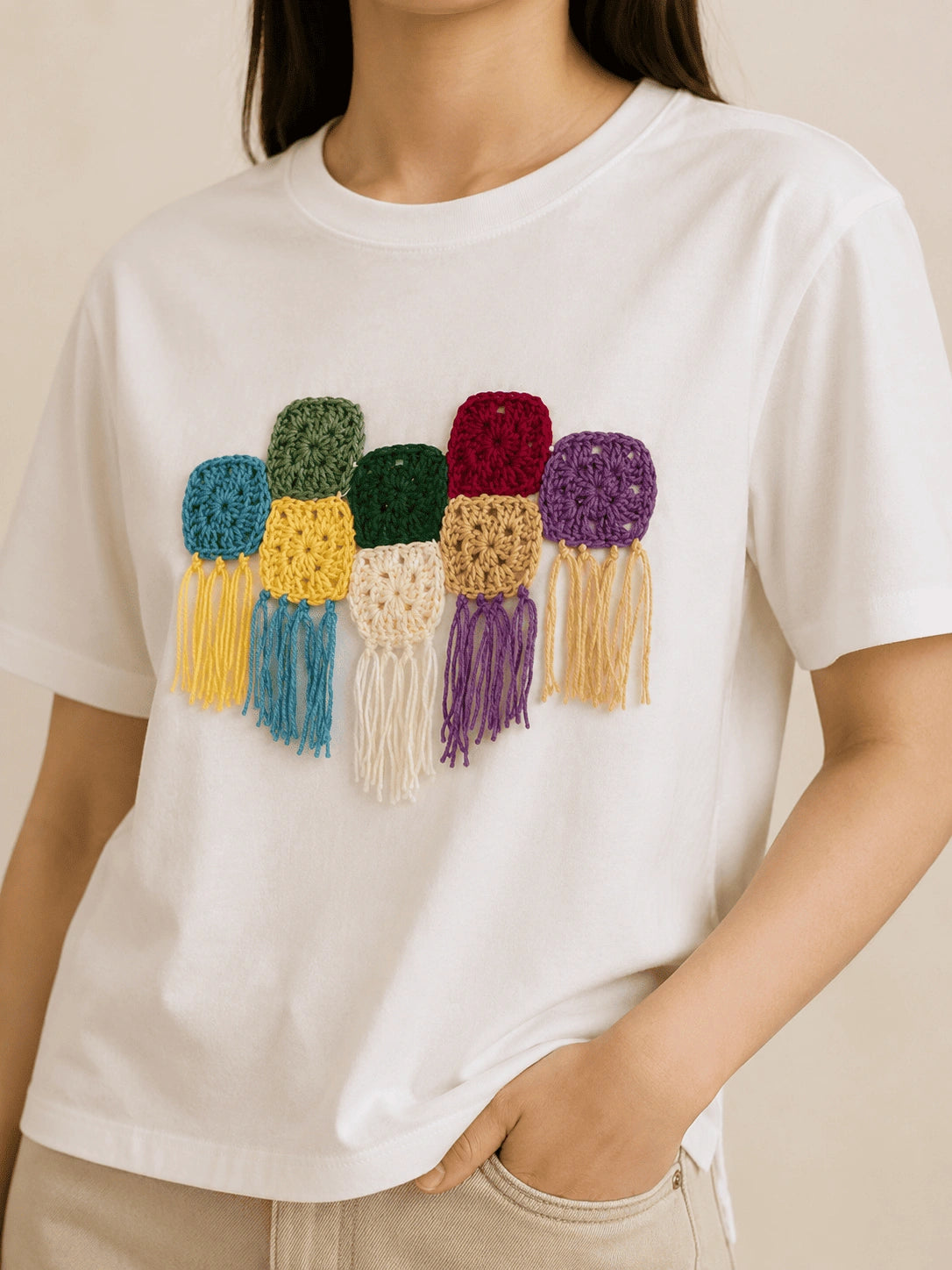 Tassel Grid Crochet T-shirt